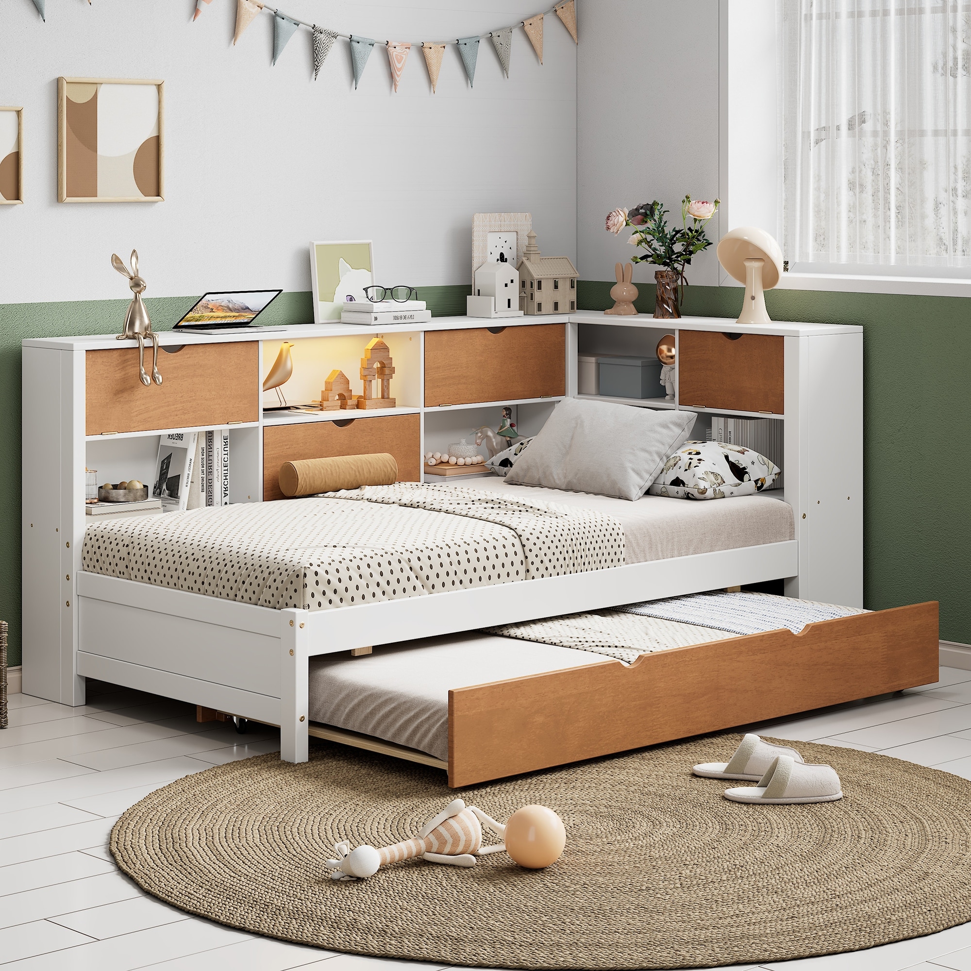 Full Size L-Shaped Corner Captain Kids Bed with Trundle, Bookcase